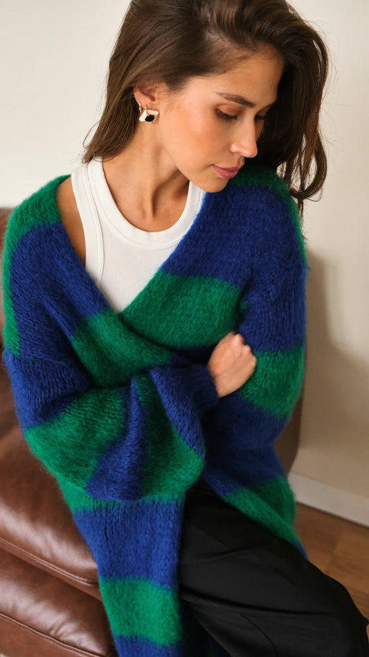 the KAI cardigan, emerald stripe