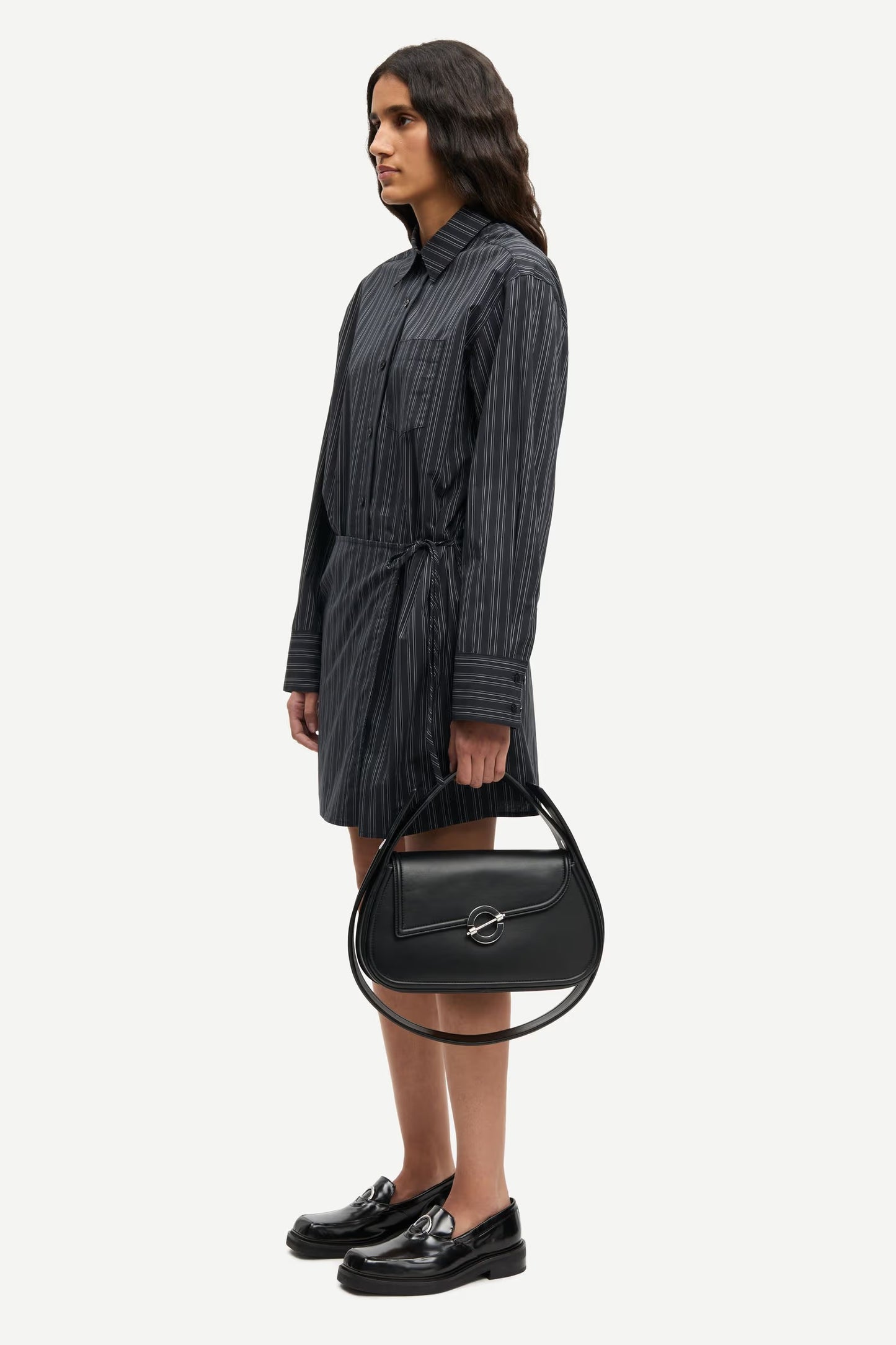 the SASKY dress, gunmetal pinstripe