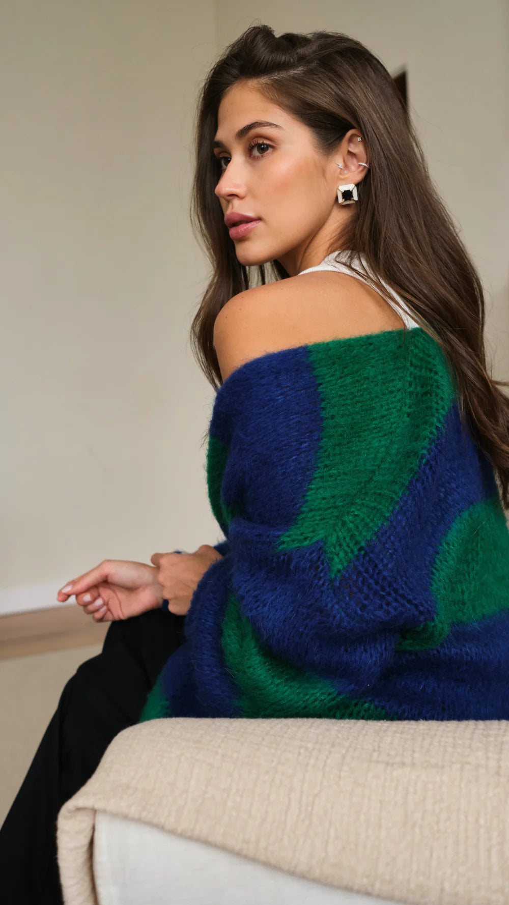 the KAI cardigan, emerald stripe