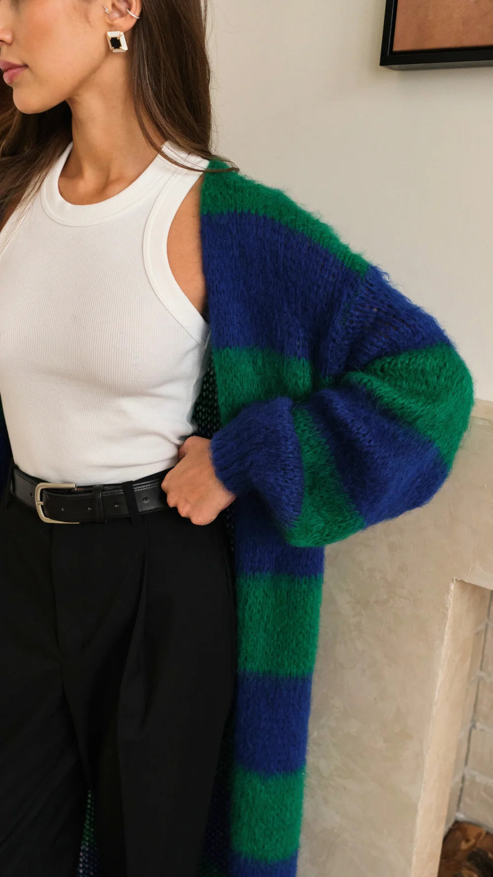the KAI cardigan, emerald stripe