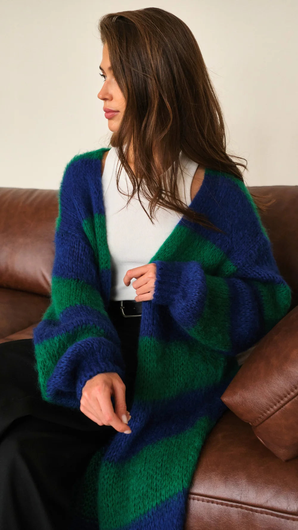 the KAI cardigan, emerald stripe