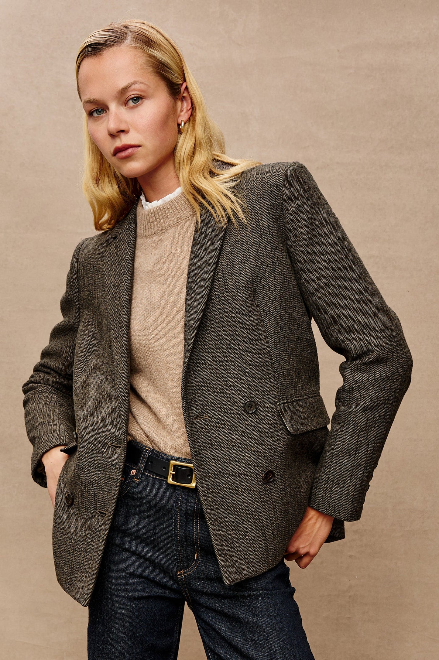 the JAC blazer, camel+black herringbone