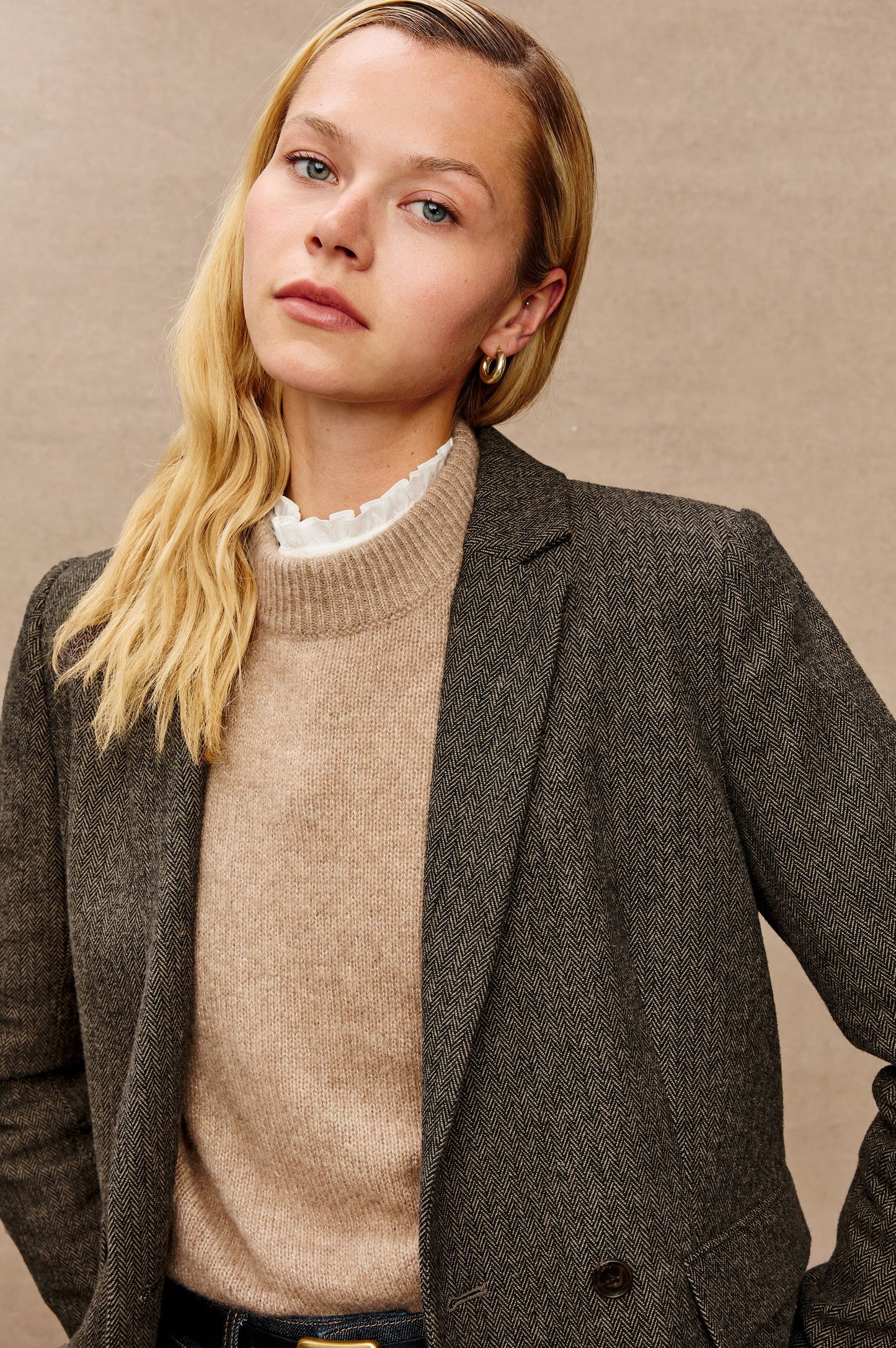 the JAC blazer, camel+black herringbone