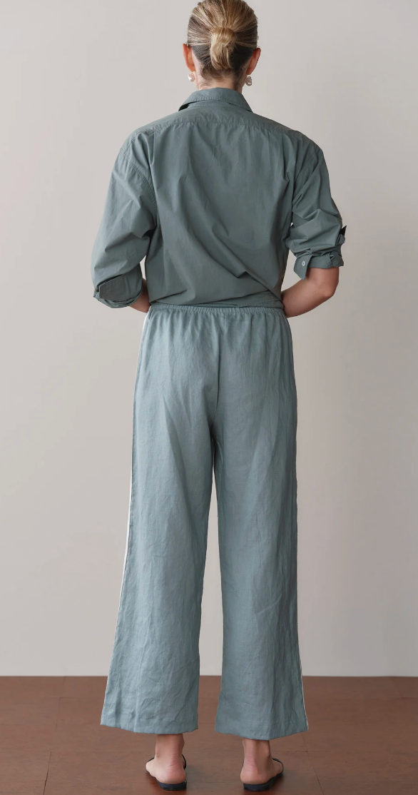 the LINEN CROP STRIPE PANT, sage