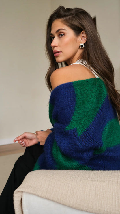 the KAI cardigan, emerald stripe