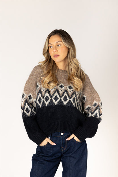 the FAIR ISLE crew neck, camel x black