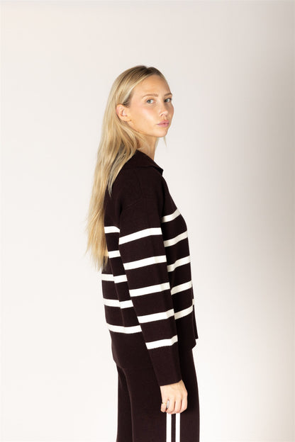 the BELLA polo knit, espresso x off white