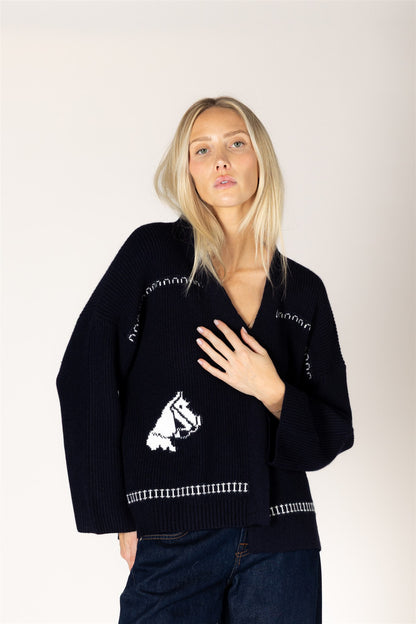 the FAIR ISLE HORSEPRINT, navy x white