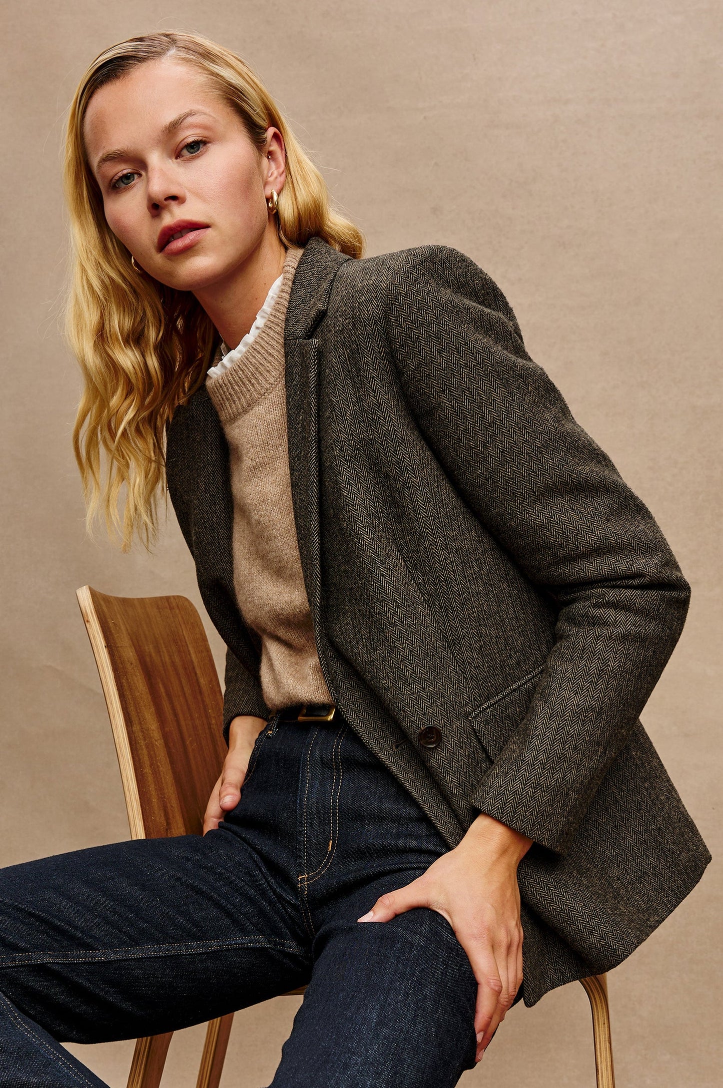 the JAC blazer, camel+black herringbone