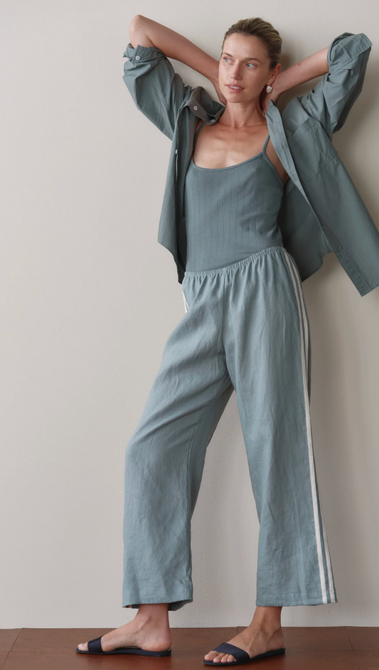 the LINEN CROP STRIPE PANT, sage