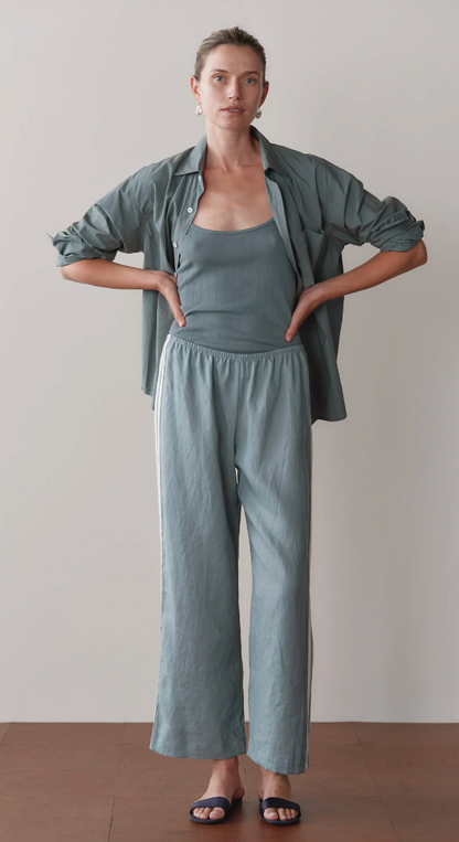the LINEN CROP STRIPE PANT, sage