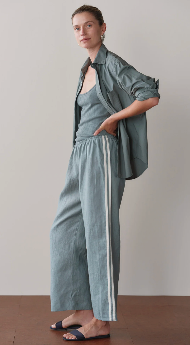 the LINEN CROP STRIPE PANT, sage