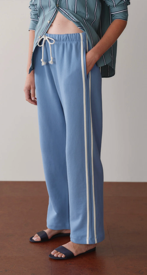 the ECO-TERRY STRIPE CROP PANT, cornflower